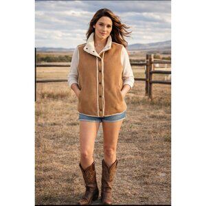 Ralph Lauren Wild Frontier Brown Faux Suede W White Sherpa Lining Snap Vest, Med